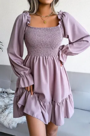 Basic Fashion WOMEN SMOCKED FRILL SLEEVE LOOSE FIT RUFFLE DRESS