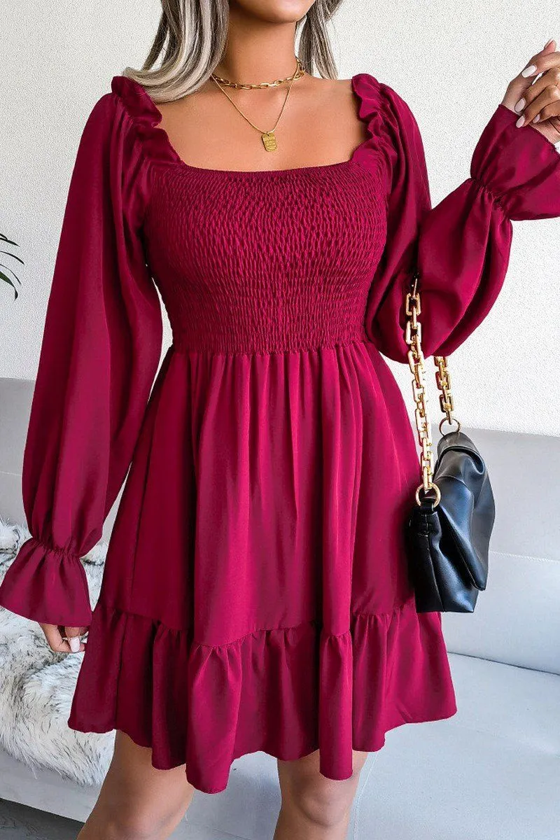 WOMEN SMOCKED FRILL SLEEVE LOOSE FIT RUFFLE DRESS Gathered-Detail Warm Touch