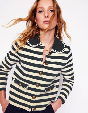 Layered Neckline Holly Collared Knitted Jacket-Navy/ Ivory