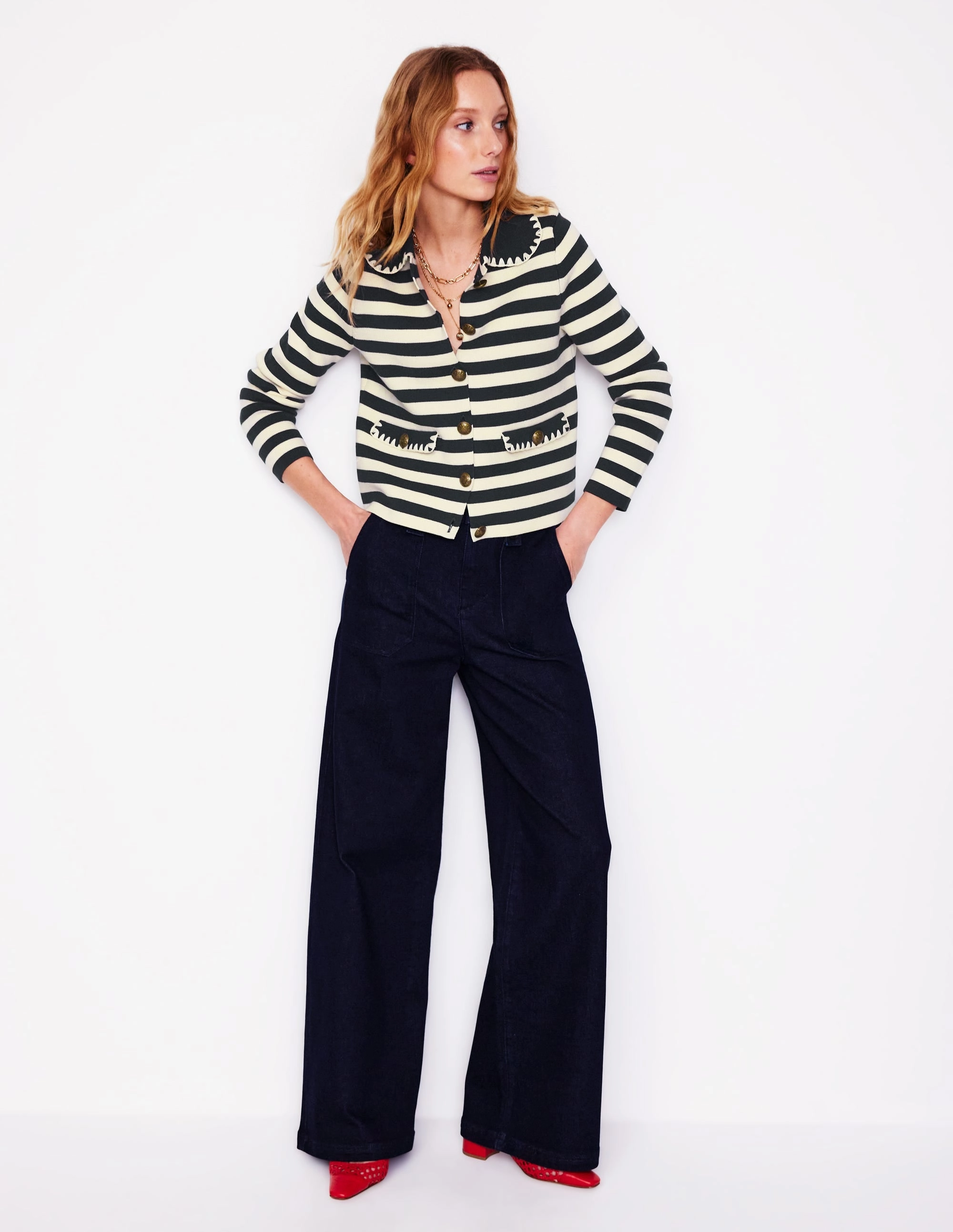 Classic Pick Holly Collared Knitted Jacket-Navy/ Ivory