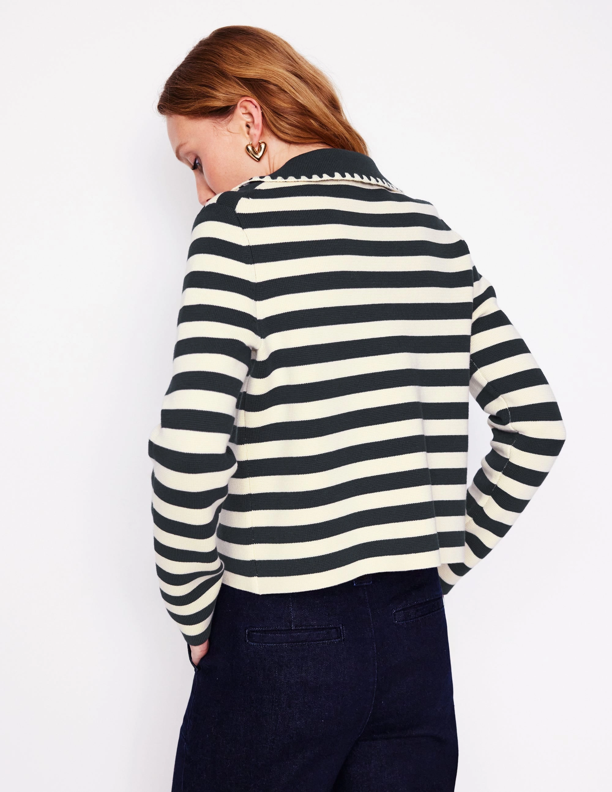 Outdoor Comforted Layered Knit Holly Collared Knitted Jacket-Navy/ Ivory