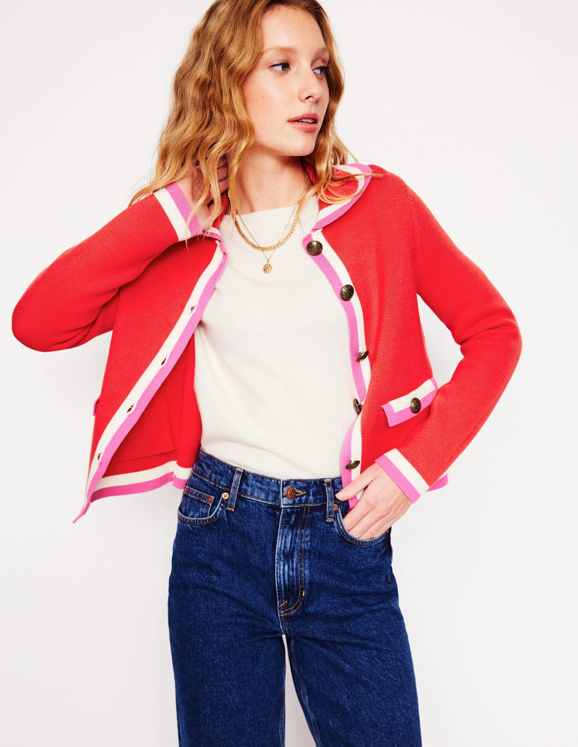 Holly Collared Knitted Jacket-Strawberry Tart Red EcoConscious Manufacturing Lattice Ventilation Weave