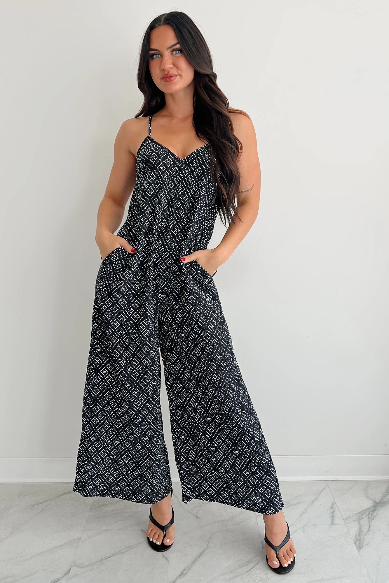 Sleek Appearance Homebody Heaven Pleated Wide Leg Jumpsuit (Black Dotted)