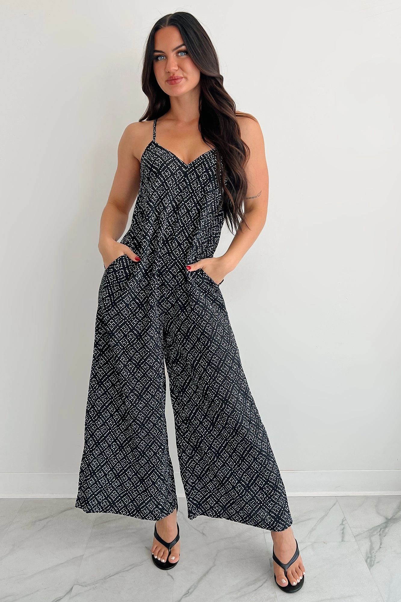 Homebody Heaven Pleated Wide Leg Jumpsuit (Black Dotted) Embroidered Fabric