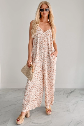Fit For All Sleek long-sleeve dress Homebody Heaven Pleated Wide Leg Jumpsuit (Cream Floral)