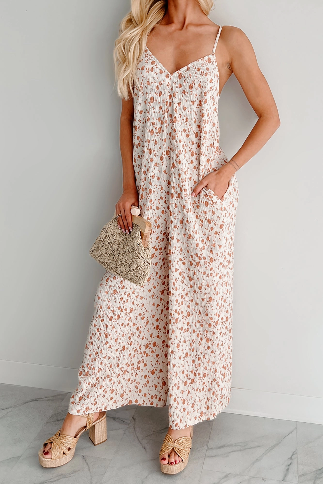 Homebody Heaven Pleated Wide Leg Jumpsuit (Cream Floral) Silky Touch Inner Feel