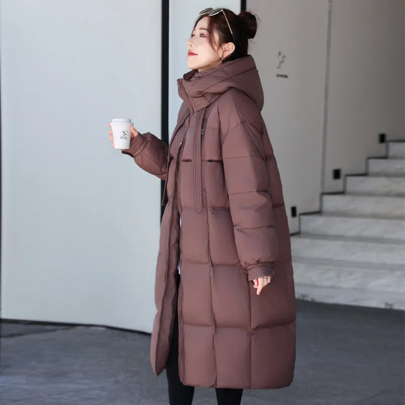 hood and thick ribbon long down jacket with large quilt over knee casual women's jacket