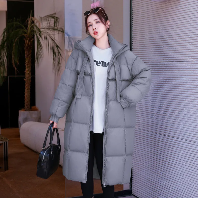 hood and thick ribbon long down jacket with large quilt over knee casual women's jacket