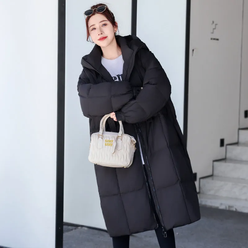 hood and thick ribbon long down jacket with large quilt over knee casual women's jacket