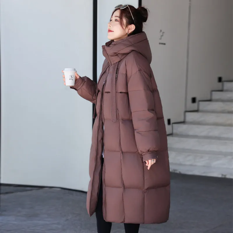 hood and thick ribbon long down jacket with large quilt over knee casual women's jacket