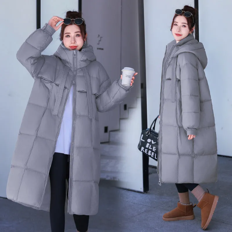 hood and thick ribbon long down jacket with large quilt over knee casual women's jacket