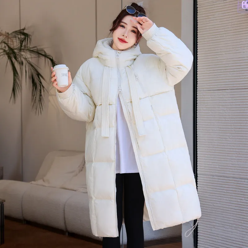 hood and thick ribbon long down jacket with large quilt over knee casual women's jacket