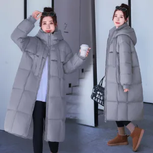 hood and thick ribbon long down jacket with large quilt over knee casual women's jacket