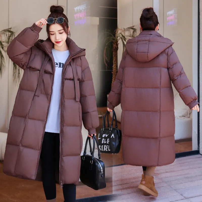 hood and thick ribbon long down jacket with large quilt over knee casual women's jacket