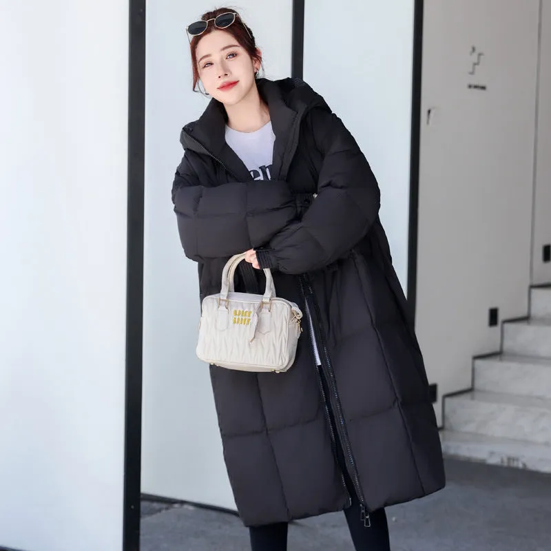 hood and thick ribbon long down jacket with large quilt over knee casual women's jacket