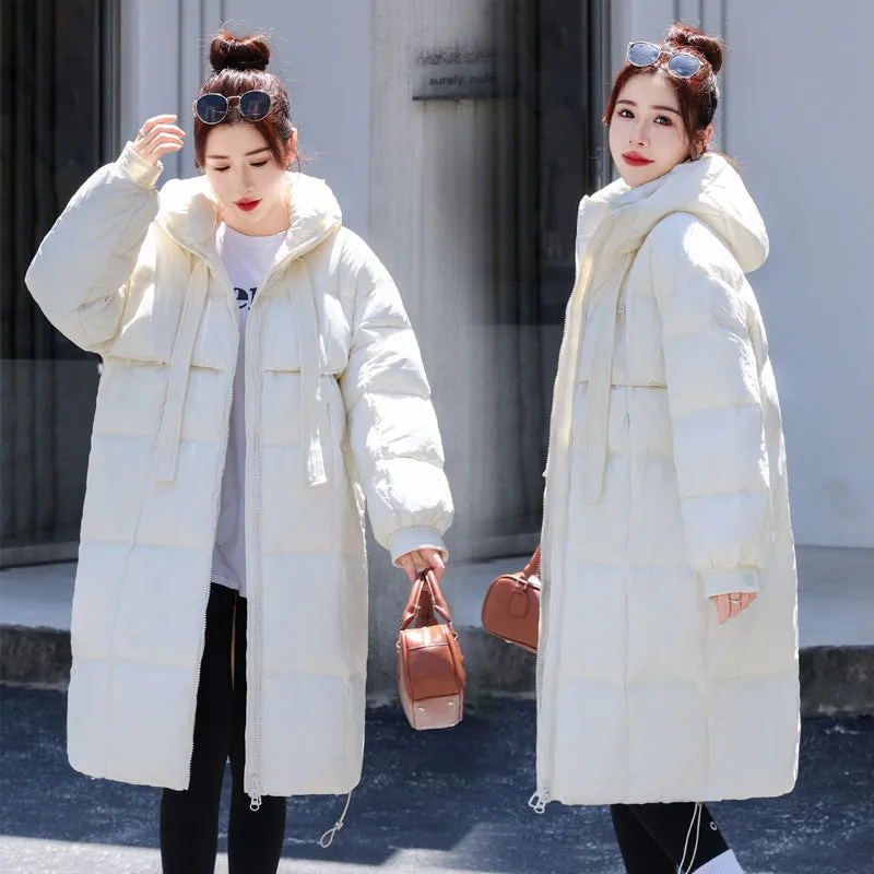 hood and thick ribbon long down jacket with large quilt over knee casual women's jacket