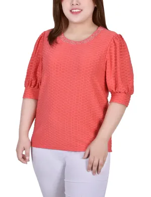 HiddenStoragePocket HighNeckCut Plus Size Short Puff Sleeve Honeycomb Top