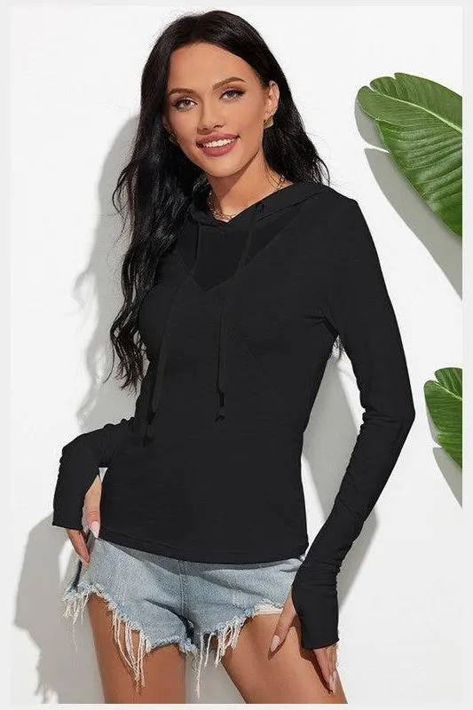 Contrast Stitching Seamless Knit Design HOODED LONG SLEEVED SOLID COLOR T SHIRT