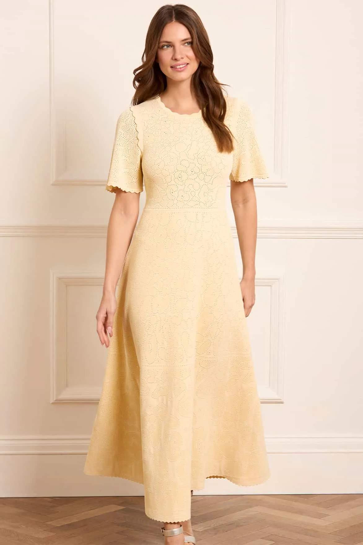 Mesh-Detail Puff-Sleeve Floral Pointelle Knit Gown