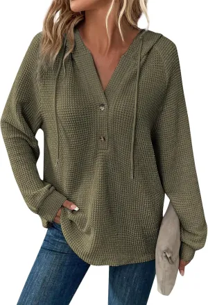 Hoodies for Women Waffle Knit Drawstring Button V Neck Long Sleeve Casual Pullover Fall Fashion Sweatshirt Hooded Tops