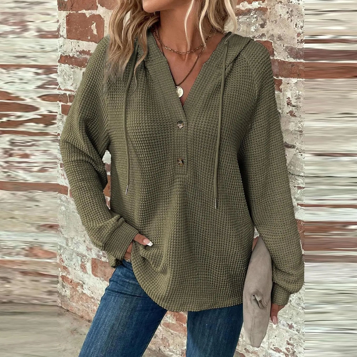 Hoodies for Women Waffle Knit Drawstring Button V Neck Long Sleeve Casual Pullover Fall Fashion Sweatshirt Hooded Tops