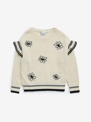 HOP Kids Beige Floral Embroidered Knitted Cotton Sweater