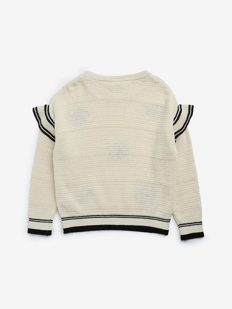 HOP Kids Beige Floral Embroidered Knitted Cotton Sweater