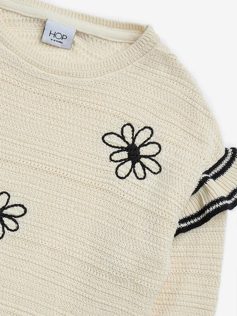 HOP Kids Beige Floral Embroidered Knitted Cotton Sweater