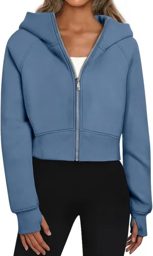 HOTIAN Womens Zip Up Hoodies Cropped Sweatshirts Casual Cropped Hoodie Sweatshirts with Thumb Hole