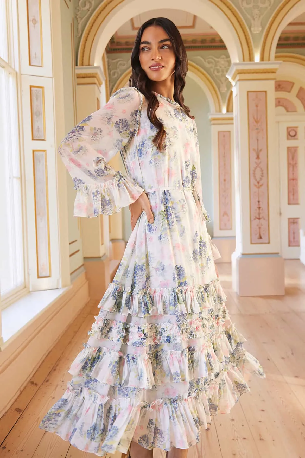 Vibrant evening gown Sophisticated Elegance Hydrangea Chiffon Round Neck Ankle Gown