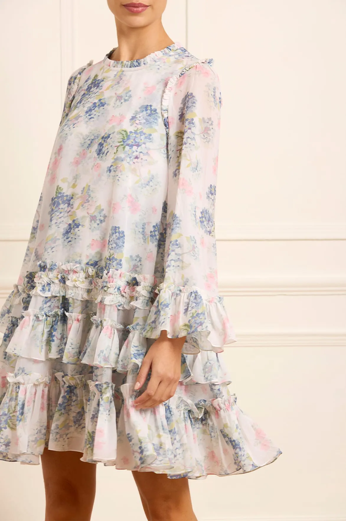 Hydrangea Chiffon Round Neck Mini Dress Flattering Waistband Fit