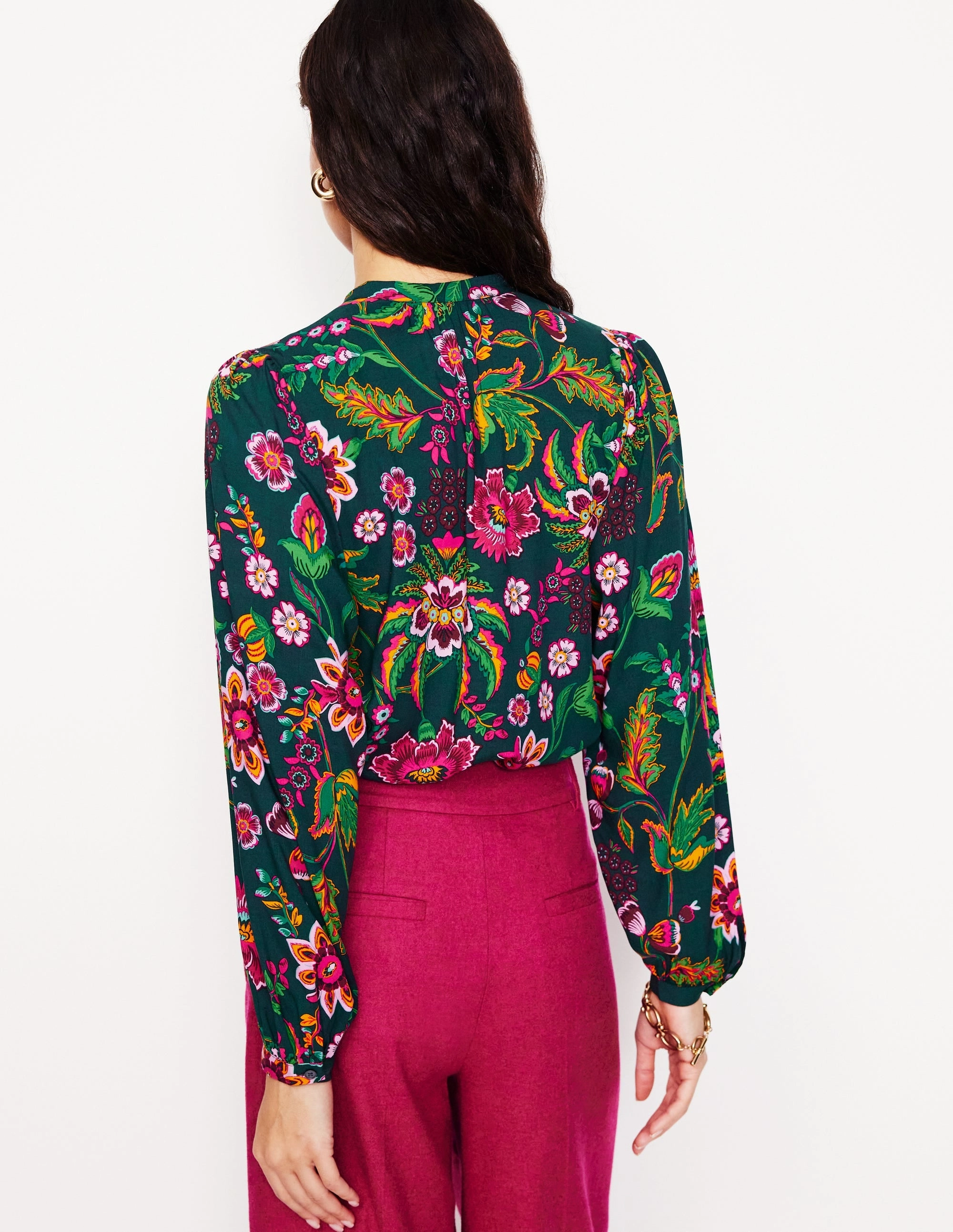 Theodora Blouse-Multi, Blossom Flourish Mesh Panel Details RibbedTrim