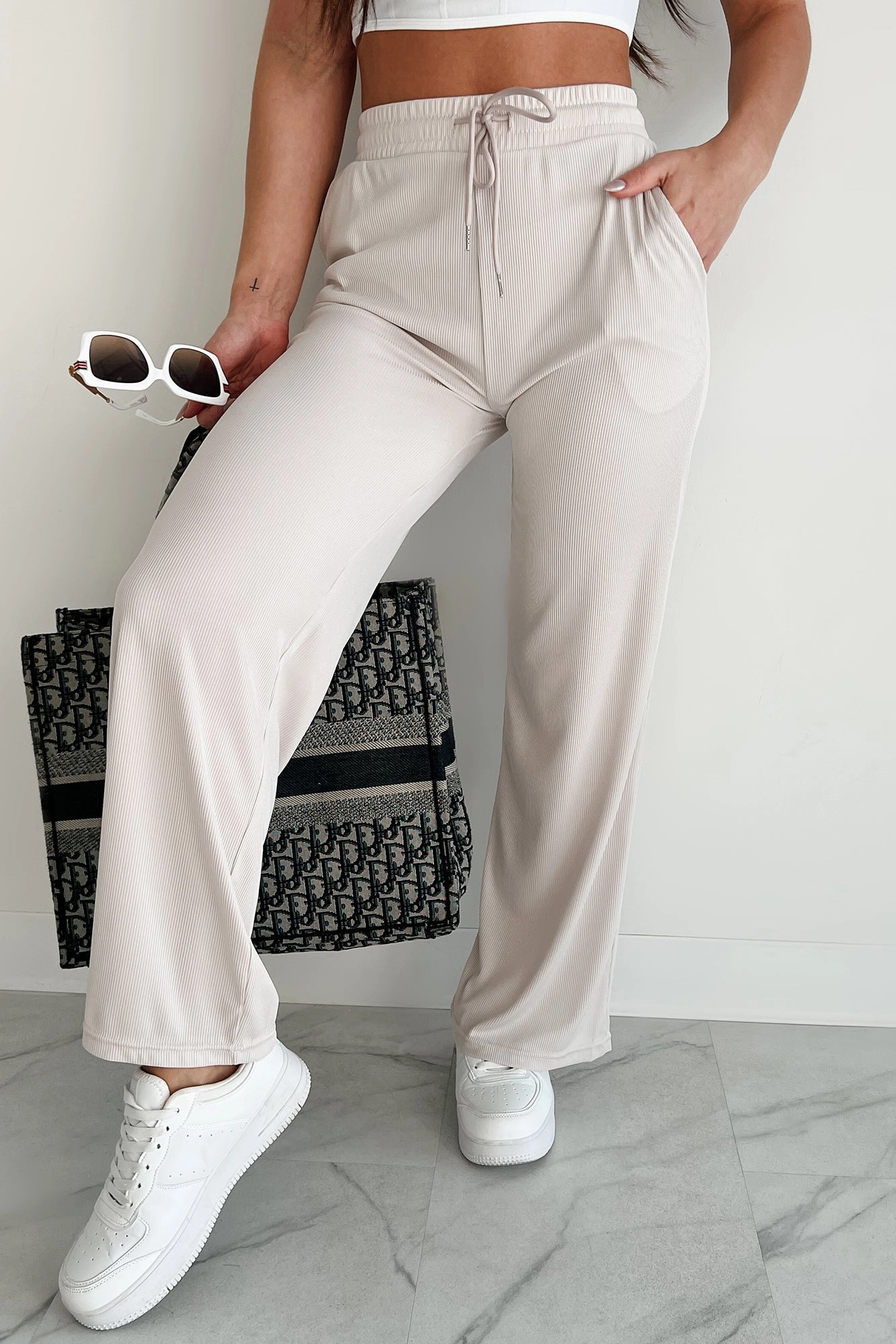 Non Slip Waist Grip I'm Staying Put Wide Leg Drawstring Pants (Milk Tea)