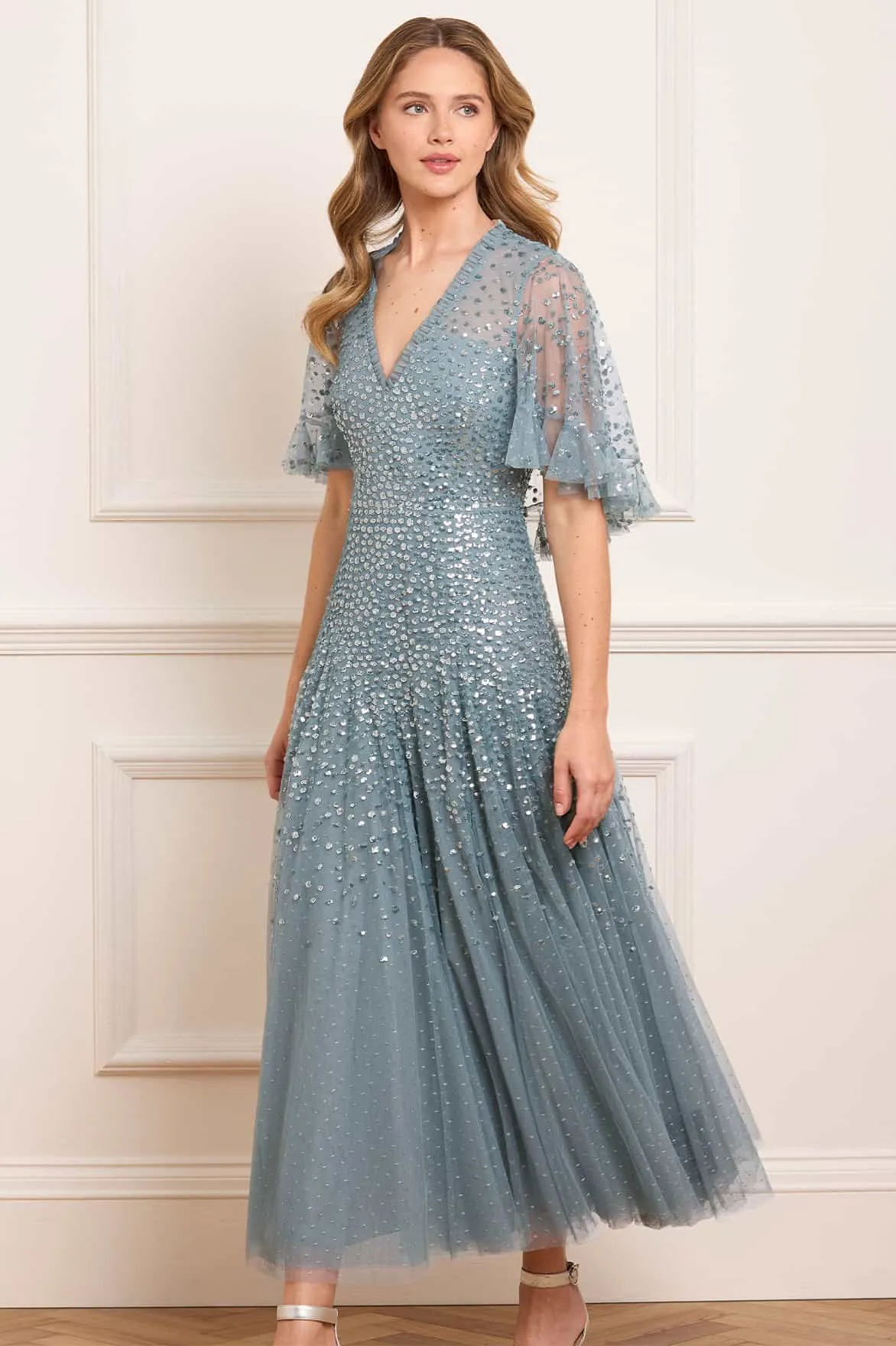 Dappled Sequin Cape Ankle Gown Versatile Edge