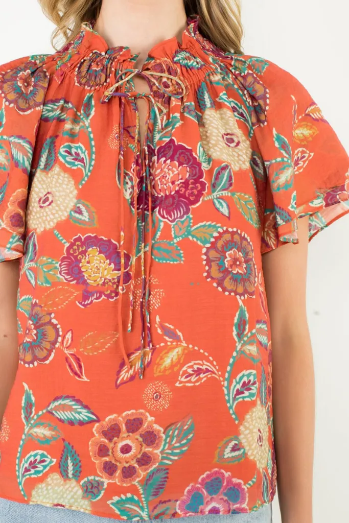 Ida Floral Cap Sleeve Top WideNeckline Ribbed Hemline