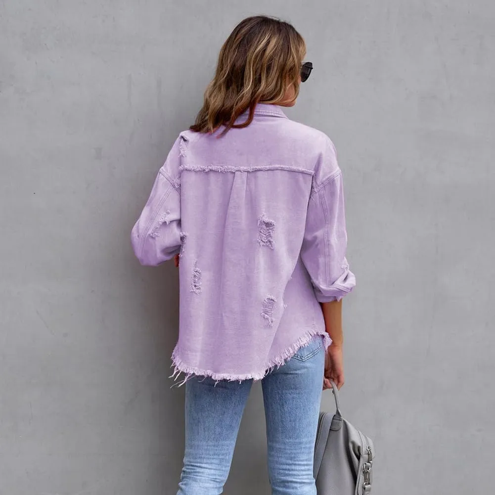 IDOPIP Denim Jacket for Women Distressed Ripped Jean Jackets Long Sleeve Casual Button Down Frayed Trucker Shacket Shirts