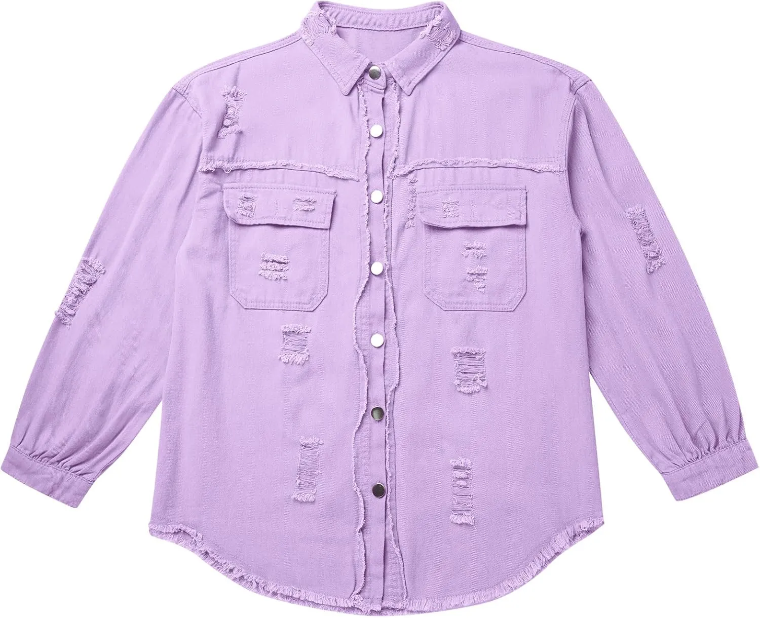 IDOPIP Denim Jacket for Women Distressed Ripped Jean Jackets Long Sleeve Casual Button Down Frayed Trucker Shacket Shirts