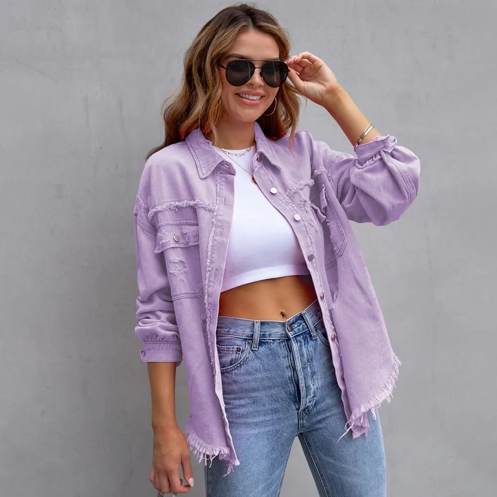 IDOPIP Denim Jacket for Women Distressed Ripped Jean Jackets Long Sleeve Casual Button Down Frayed Trucker Shacket Shirts