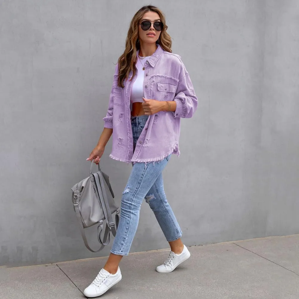 IDOPIP Denim Jacket for Women Distressed Ripped Jean Jackets Long Sleeve Casual Button Down Frayed Trucker Shacket Shirts