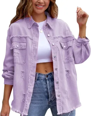 IDOPIP Denim Jacket for Women Distressed Ripped Jean Jackets Long Sleeve Casual Button Down Frayed Trucker Shacket Shirts