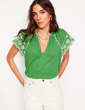 Ila Broderie Sleeve Notch Top-Paradise Green AthleticInspired Reflective Trim