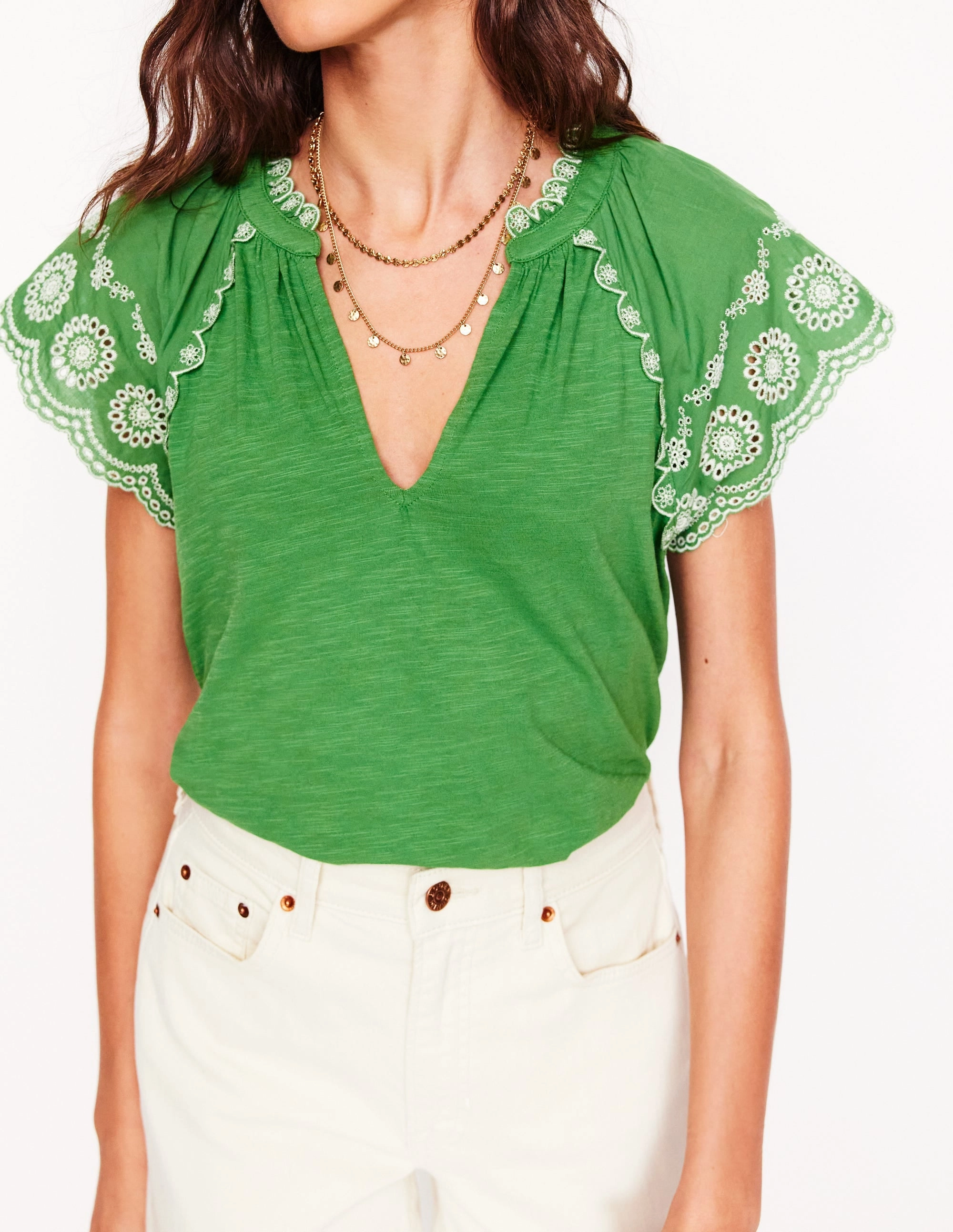 Fashionable Fit Ila Broderie Sleeve Notch Top-Paradise Green