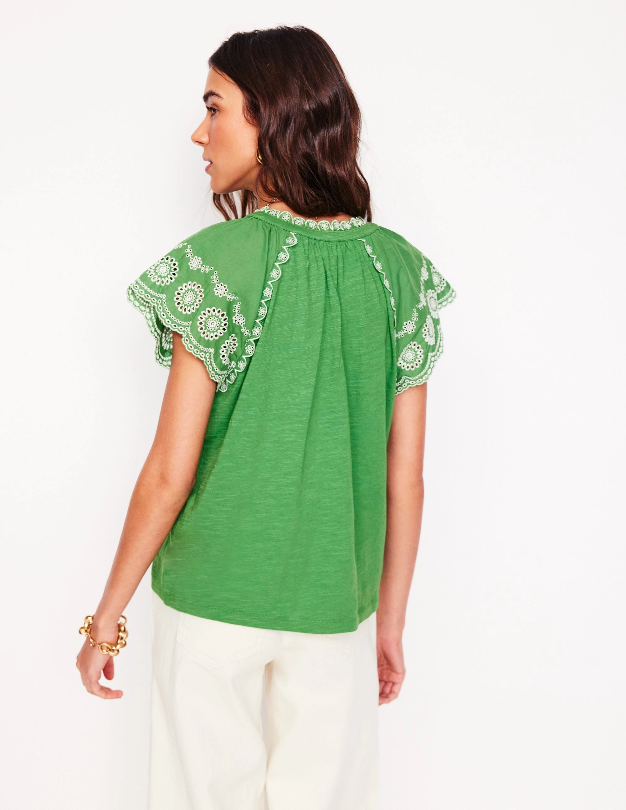Ila Broderie Sleeve Notch Top-Paradise Green FlexibleLayeredConstruction Bonded Seam Durability