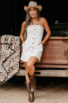 Flowy-Shape In Her Element Strapless Denim Mini Dress (White)