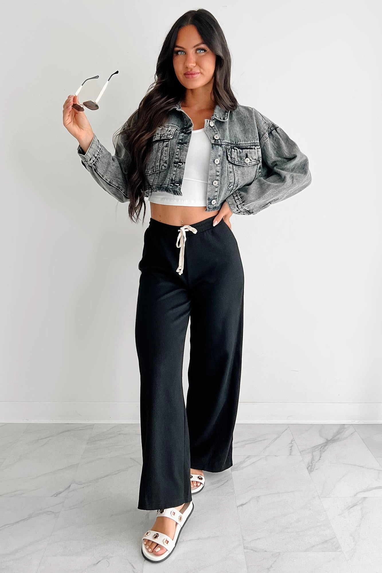 Laser cut In The Daylight Contrast Tie Waffle Knit Pants (Black)