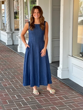 In The Moment Denim Sleeveless Maxi Dress Bonded Seam Technique