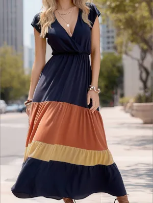 COLOR-CODED SHORT-SLEEVED V-NECK LONG-WAIST DRESS Happy Soul