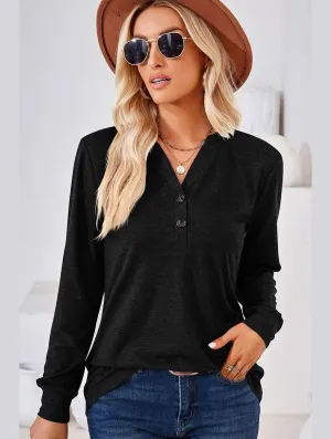 WOMEN BUTTONED V NECK RIB SLEEVE CASUAL TEE AbrasionResistantFabric MultiPanel Design