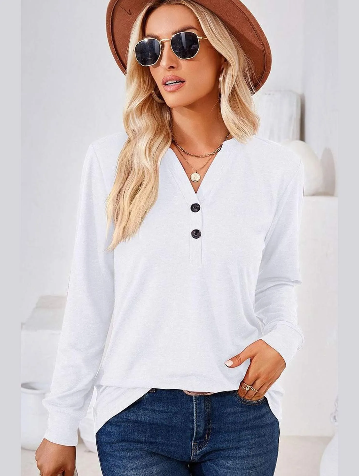 MultiPanelBreathability Lightweight Thermal WOMEN BUTTONED V NECK RIB SLEEVE CASUAL TEE