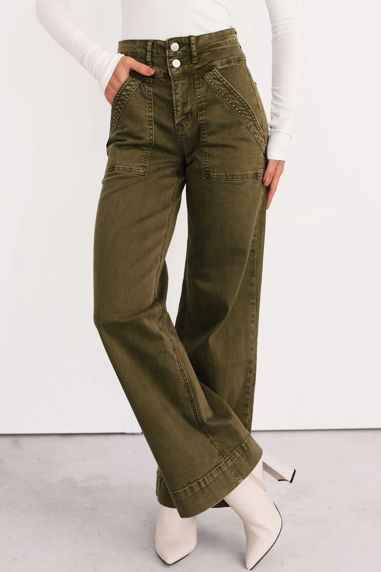 Loose Blouse Fashionable Shirt Henley Wide Leg Mica Denim Jeans (Fern Green)